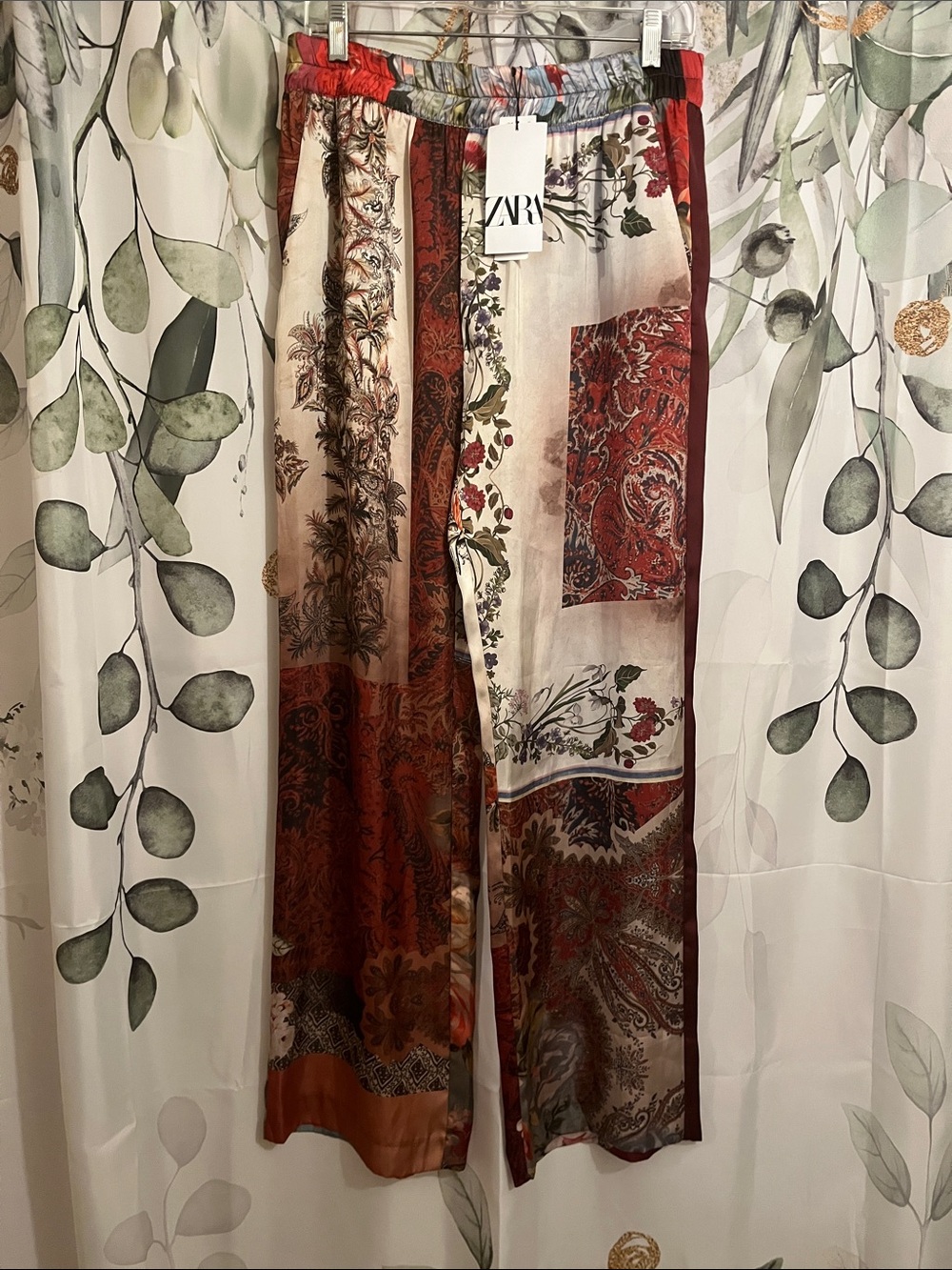 Zara Patchwork Satin Wide-Leg Pants in Red, Cream and Brown